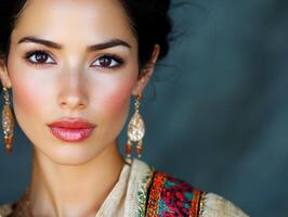 Portrait of a woman with intricate earrings and traditional attire photo