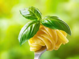 Fork with fresh pasta and basil on a colorful background photo