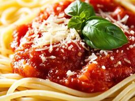 spaghetti topped with rich tomato sauce and basil photo