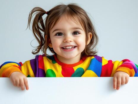 Brightly dressed child smiling with joy against a neutral background photo