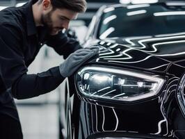 Detailing a black car in an auto shop during evening hours photo