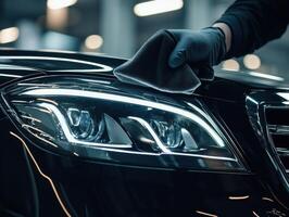 Car detailing process at an automotive workshop in bright lights photo