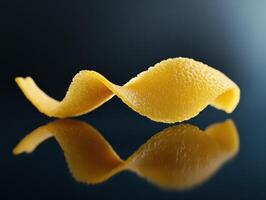 Yellow citrus peel sculpture on black reflective surface on black photo