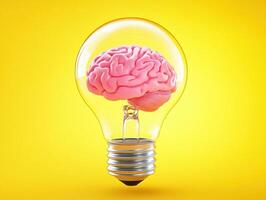 Creative brain illustration inside a light bulb on bright background photo