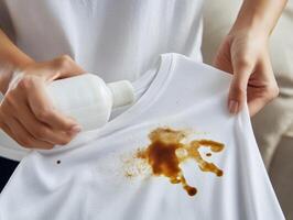 Removing a stubborn stain from a white shirt at home photo