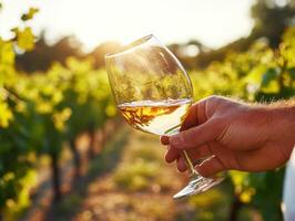 Sipping white wine at sunset in a vineyard during autumn photo