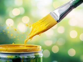 Bright yellow paintbrush dips into a can creating splashes photo