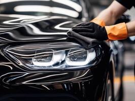 Car detailing expert cleans headlight in modern workshop space photo