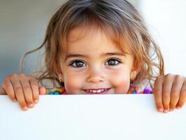 Smiling girl with bright eyes peeking over a white surface photo