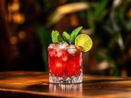 Refreshing cocktail garnished with mint and lime on wooden table photo