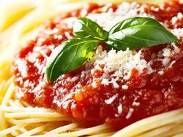 Delicious spaghetti topped with rich tomato sauce and basil closeup photo