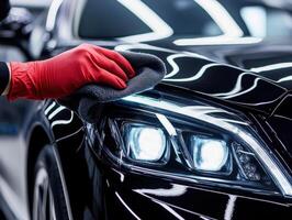 Detailing a shiny black car with care in a modern workshop photo