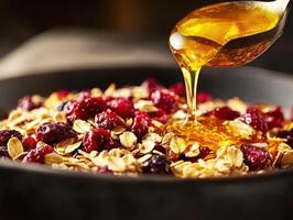 Drizzling honey over granola with dried fruits in a bowl photo