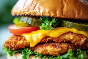 Delicious fried chicken sandwich with fresh toppings and cheese photo