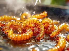 Delicious fried larvae being prepared on a hot pan in outdoor market photo