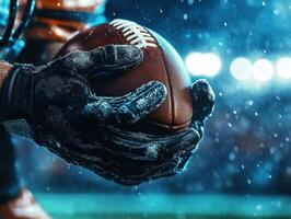 Football player prepares to throw in snowy stadium atmosphere photo