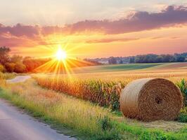 Sunset over golden fields with hay bales in countryside photo