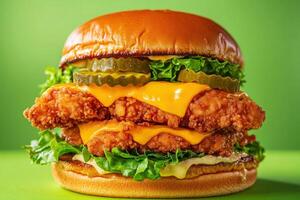Delicious stacked chicken sandwich with cheese and pickles photo