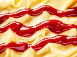 Creative food art featuring ketchup on smooth mashed potatoes photo