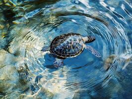 Turtle swims gracefully in clear blue water with ripples photo