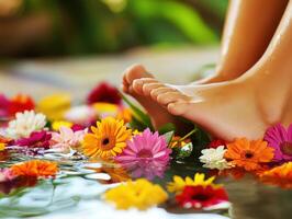 Relaxing feet in flower petals by the water photo