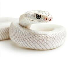 White snake coiled gracefully on a smooth surface photo