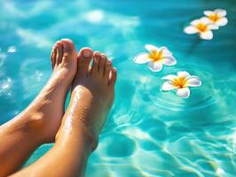 Enjoying the serene beauty of a tropical pool in warm sunlight photo
