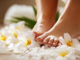 Relaxing foot spa treatment with flowers in serene setting photo