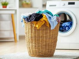 Laundry basket filled with colorful clothes near washing machine photo