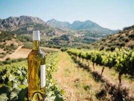 Vineyard landscape with a bottle of white wine in the foreground photo