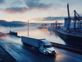Truck drives along waterfront dock during early morning fog photo