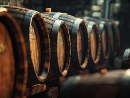 Wooden barrels lined up in a rustic cellar for aging beverages photo