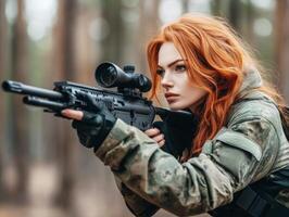 Skilled marksman in tactical gear targeting in forested area photo