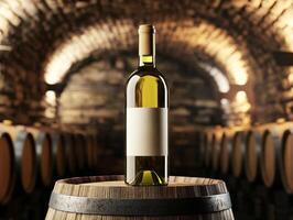 White wine bottle displayed on a wooden barrel in a cellar photo