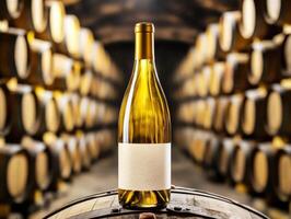 Wine bottle resting on a barrel in a dimly lit winery cellar photo