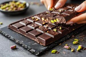 Chocolate with pistachios being broken and enjoyed by hands photo