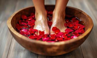 Relaxation with feet soaking in rose petal bath at home photo