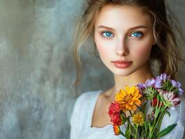 Young woman with vibrant flowers in a soft indoor setting photo