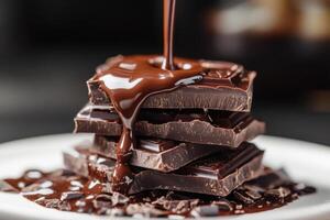 Melted chocolate cascading over stacked dark chocolate bars photo
