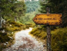 Hiking trail sign in a lush green forest during daylight hours photo