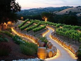 Elegant vineyard pathway illuminated at twilight in rolling hills photo