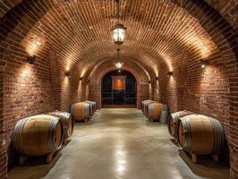 Elegant wine cellar with wooden barrels and brick architecture photo