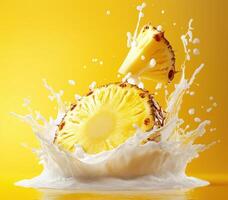 Pineapple slice splashes in white liquid on yellow backdrop photo