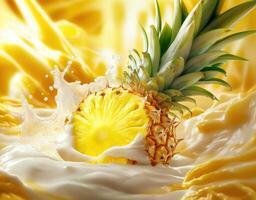 Fresh pineapple splashing in creamy tropical juice blend photo