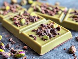 Green chocolate bar topped with pistachios and cacao pieces photo