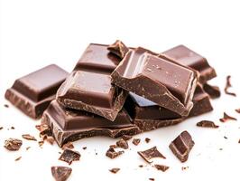 Dark chocolate pieces stacked on a white photo