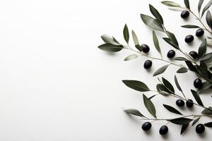 Fresh olive branches with ripe olives on a light background photo