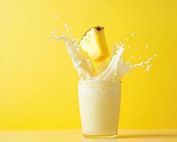 Refreshing pineapple smoothie with splash against yellow backdrop photo