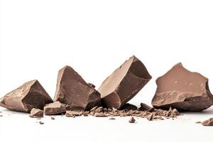 Chocolate pieces scattered on a white surface photo