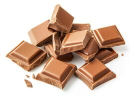 Delicious chunks of milk chocolate arranged on a white background photo